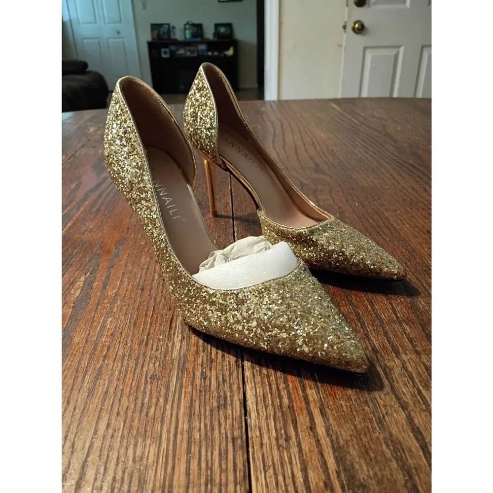 New Annaili All Over Gold Glitter Stiletto d'Orsay Pumps - Size 38 (US 7.5)